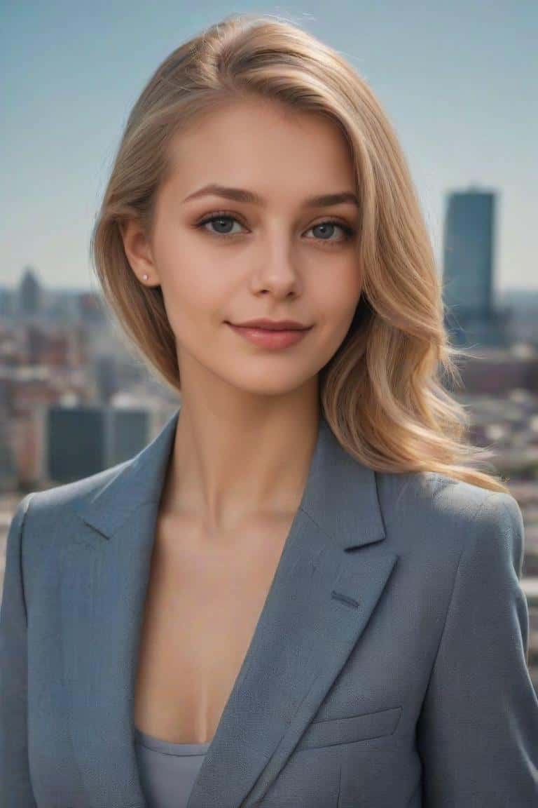 Photo de paysage urbain extérieur générée par l'IA pour une femme portant un costume gris