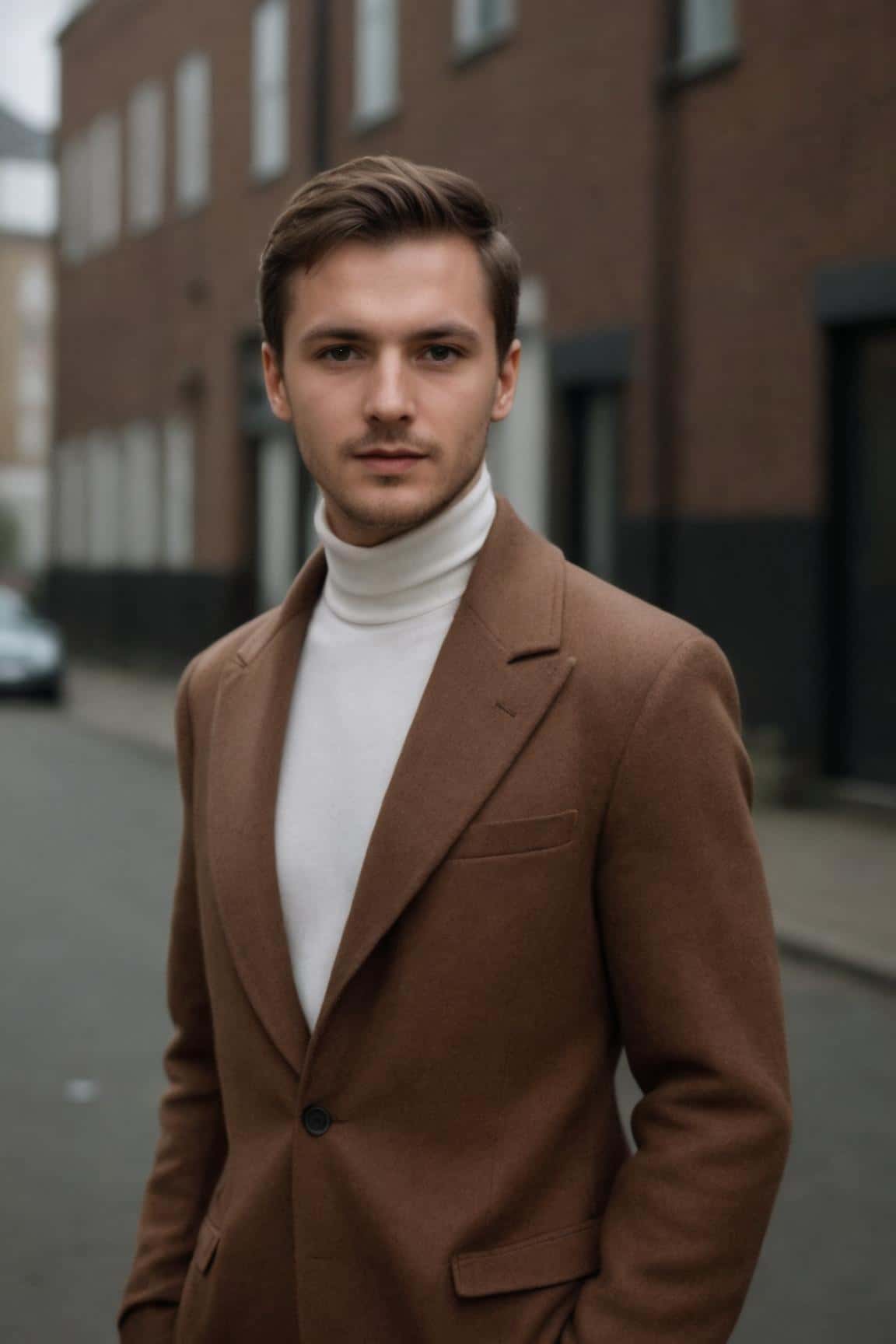 Photo de profil générée par l'IA en extérieur pour un homme en costume marron