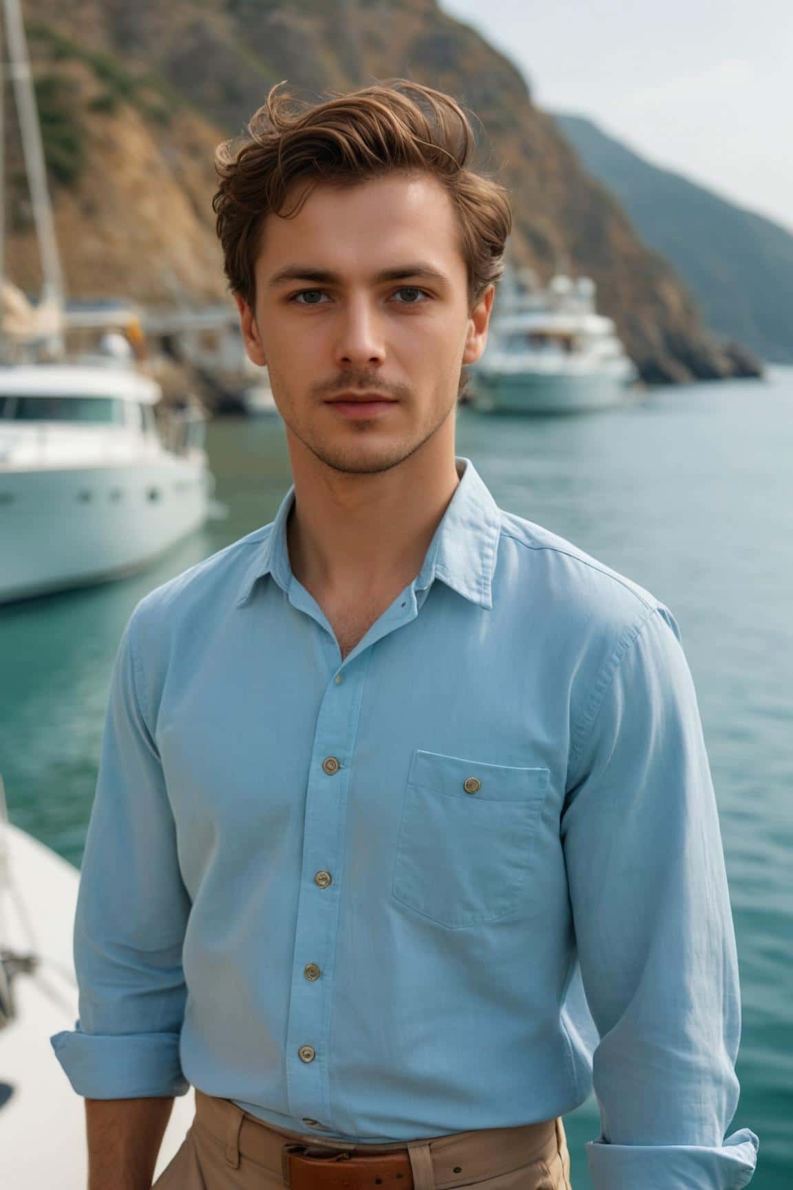 Photo de paysage extérieur générée par l'IA pour un homme portant une chemise bleue