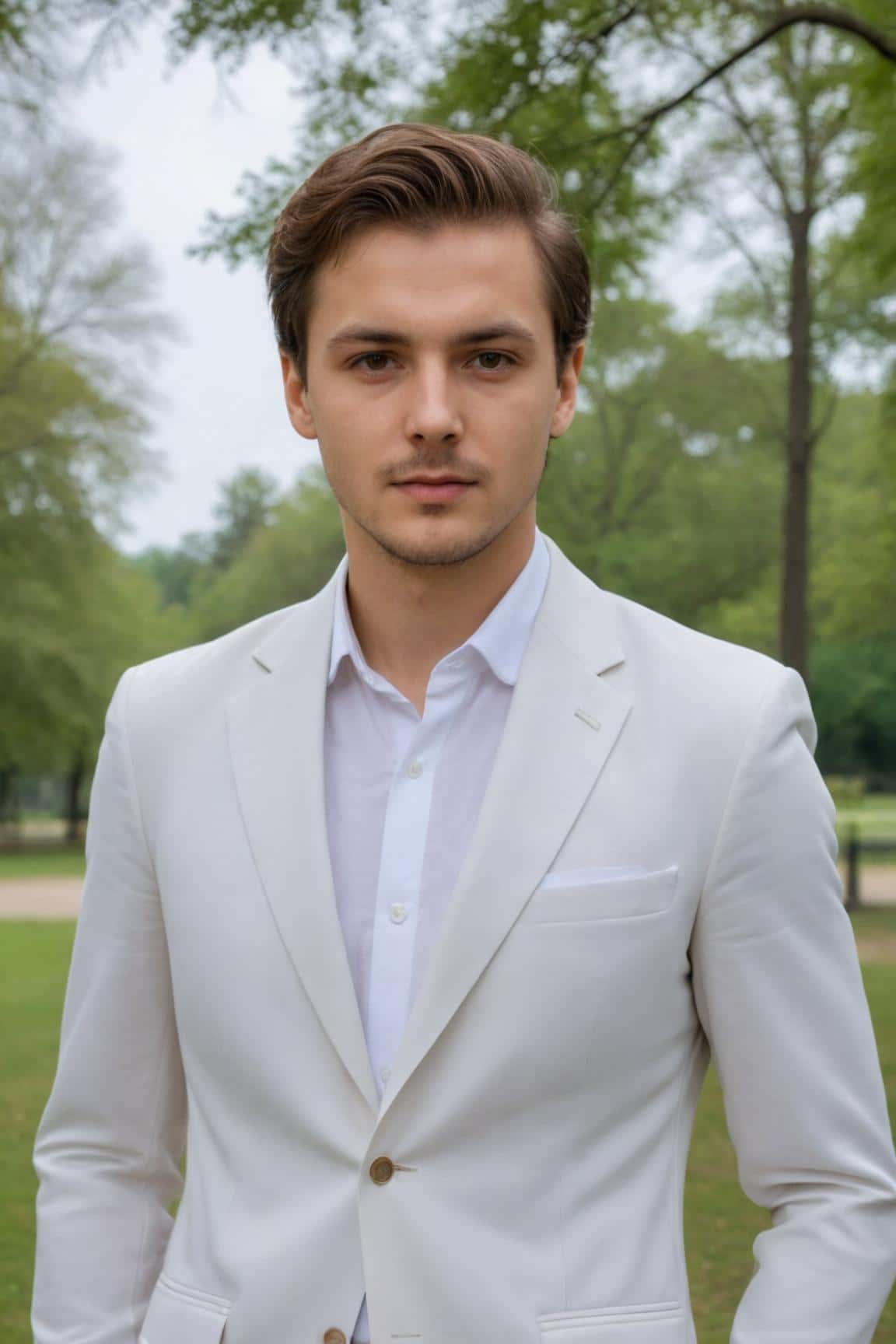 Photo de paysage extérieur générée par l'IA pour un homme portant un costume blanc
