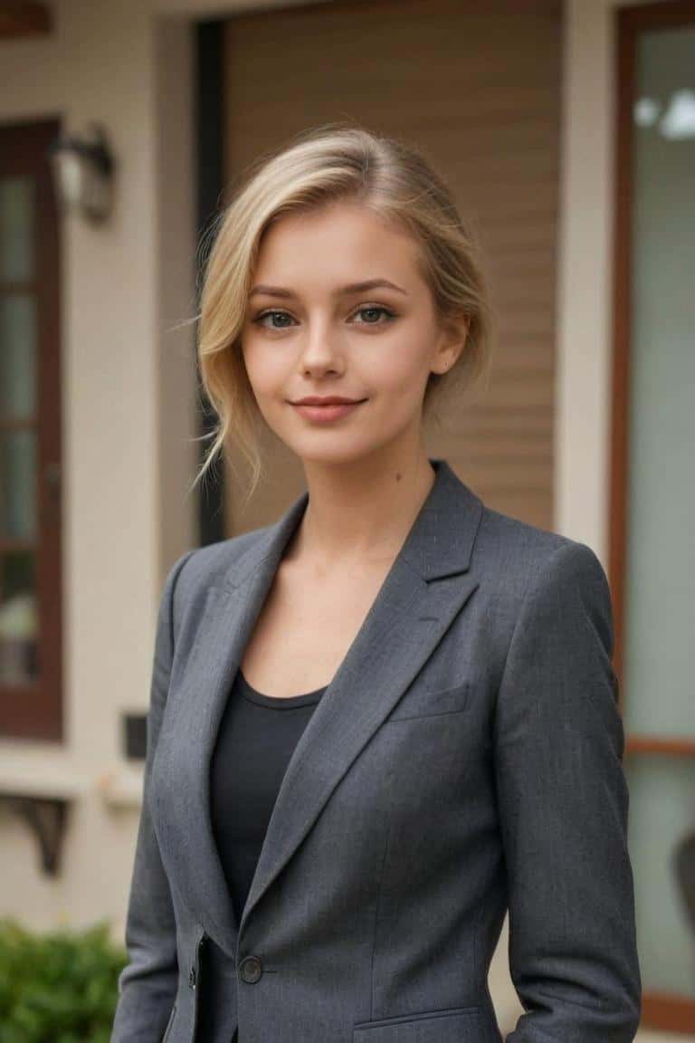Retrato profesional generado por IA para una mujer con traje gris