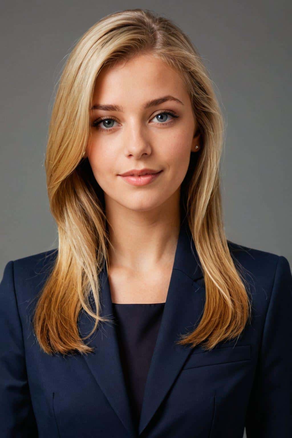 Photo de tête en studio générée par l'IA pour une femme en costume bleu foncé