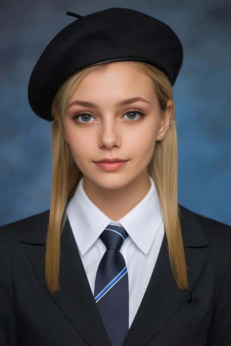 Photo de tête en studio générée par l'IA pour une femme en costume sombre
