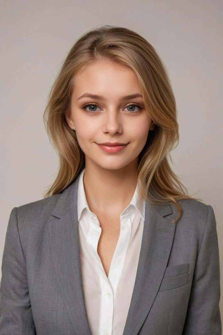 Photo de tête en studio générée par l'IA pour une femme en costume gris