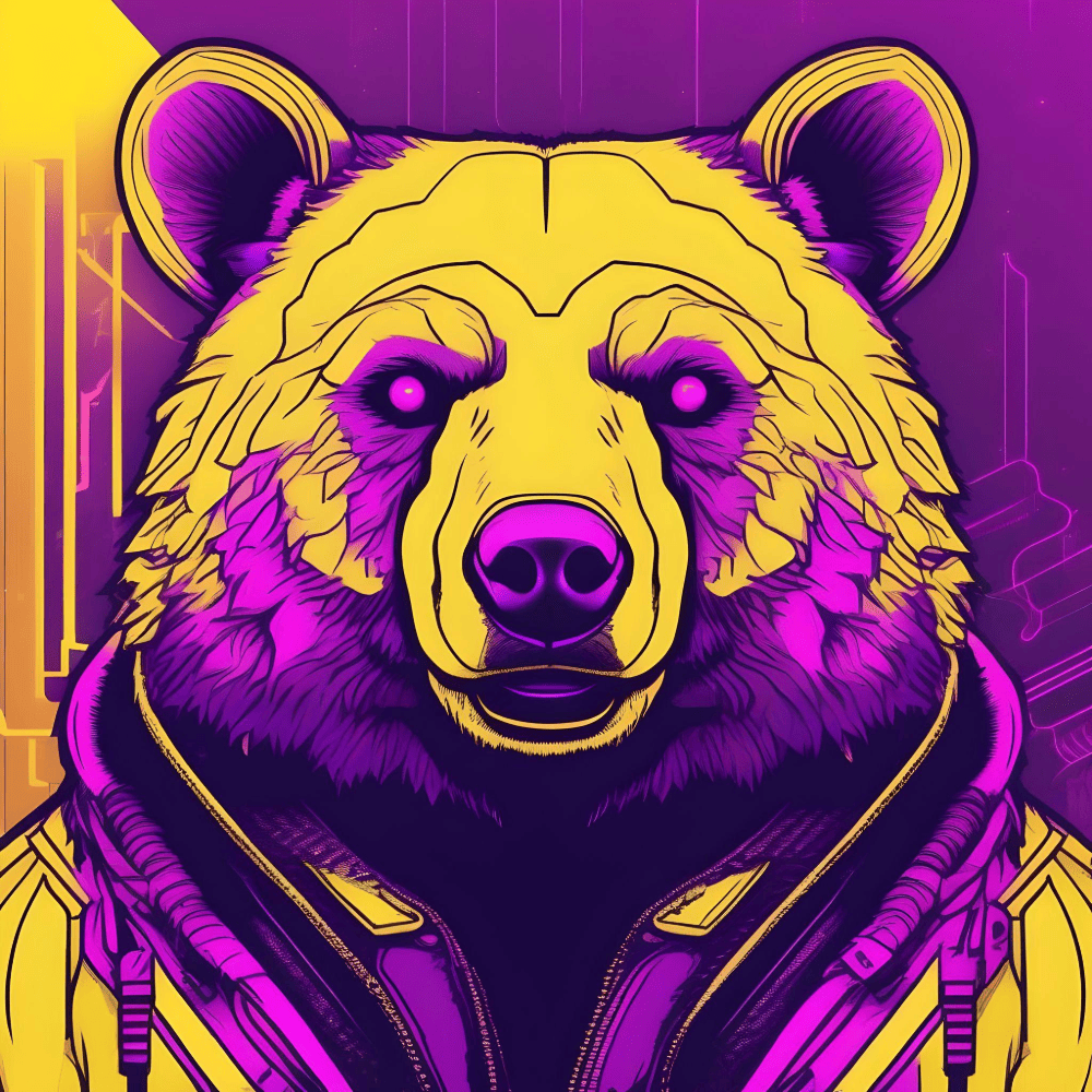 An nft of a purple and yellow bear
