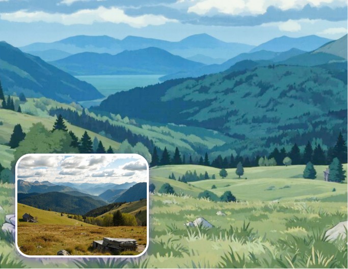 Before and after image of a mountain with grass converted into a Ghibli style cartoon