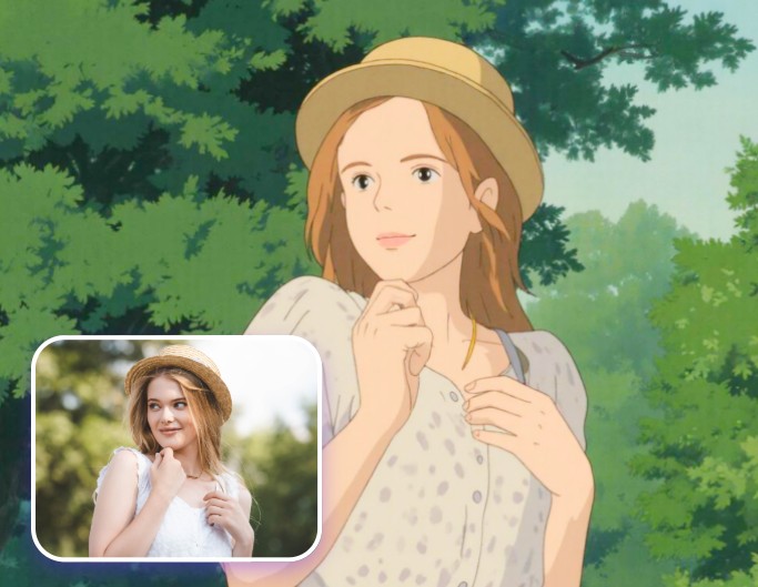 Before and after image showcasing a smiling woman transformed into a Ghibli style portrai using Fotor free Ghibli AI generator