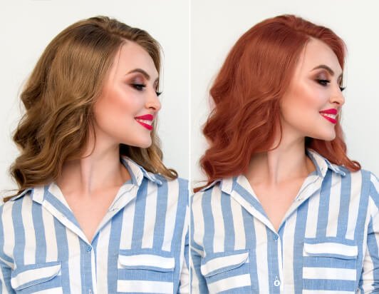 Résultats avant et après d'une jeune fille utilisant un filtre de couleur de cheveux