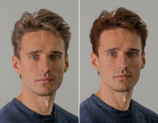 Résultats avant et après d'un homme utilisant un simulateur de couleur cheveux.