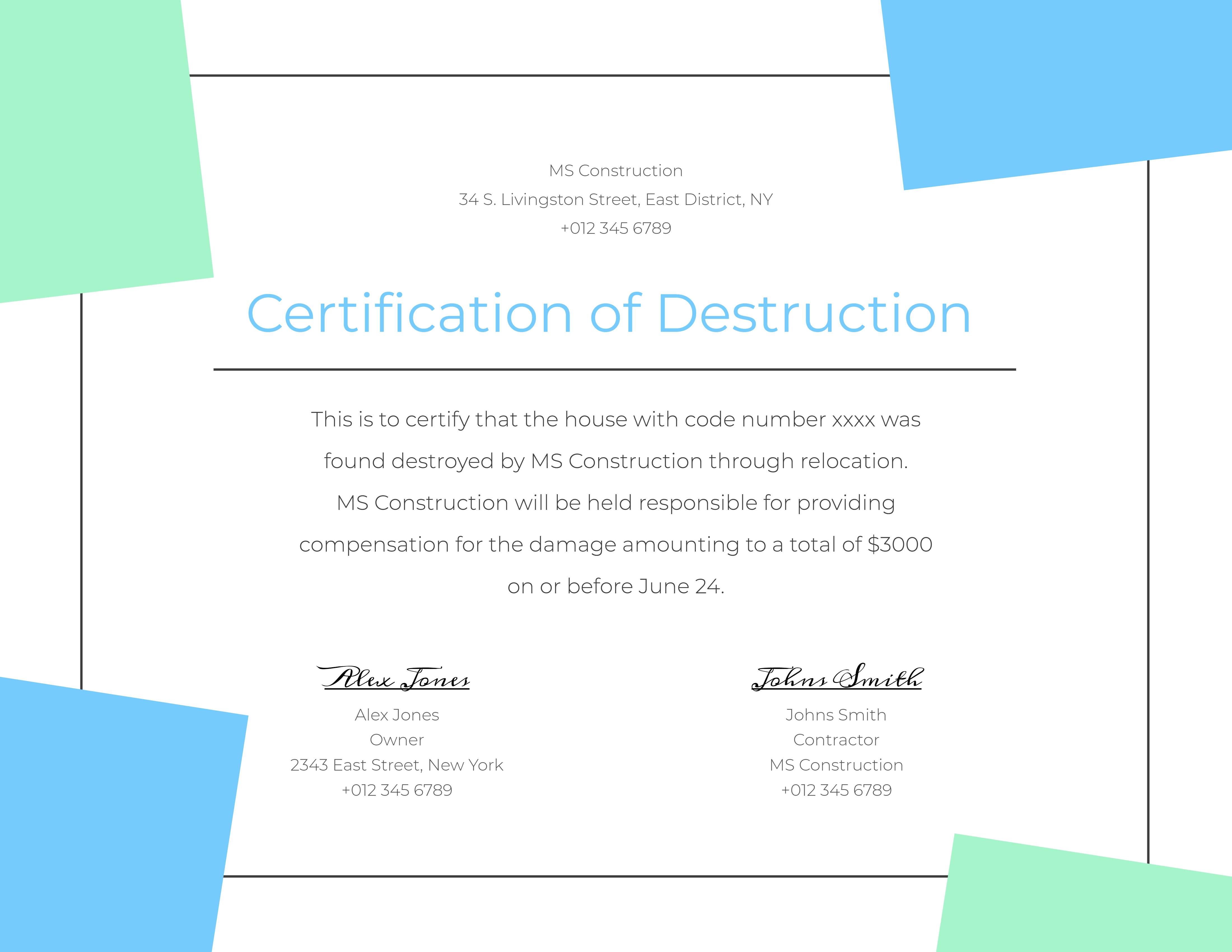 Certificate of destruction