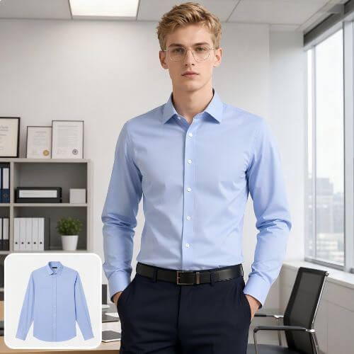 konvertiere einen blauen t-shirt in ein model-bild mit weißem mann