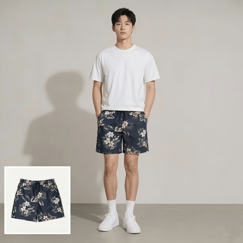 konvertiere ein bild von der blumigen kurzen hose in ein model bild mit einem asiatischen mann