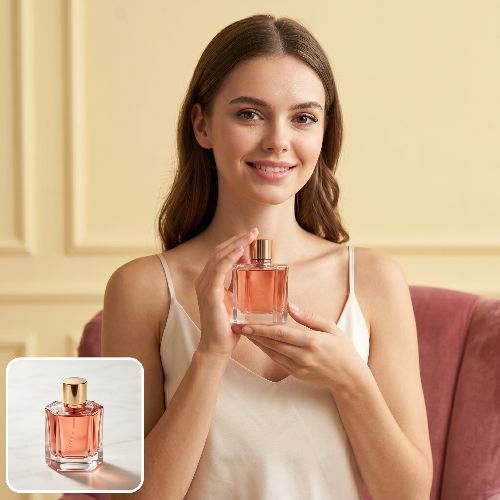 konvertiere ein duft bild in einem fashion model bild mit einer eleganten frau
