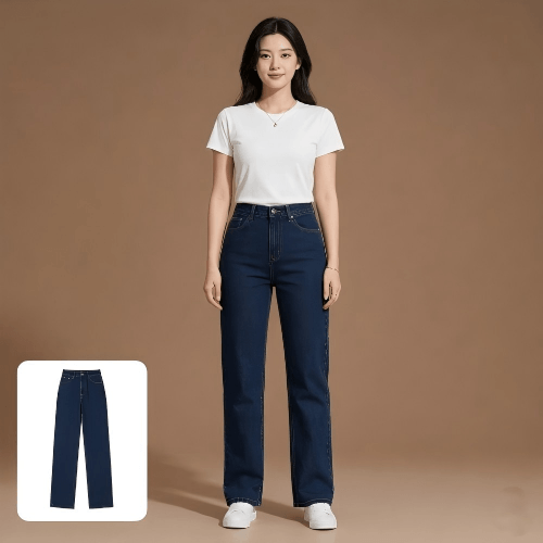 konvertiere ein jeans bild in ein model bild mit einer asiatischen frau