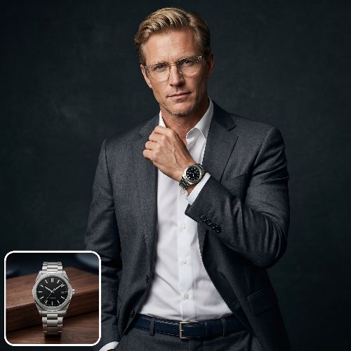 konvertiere ein uhr-bild in ein model-bild mit einem mann