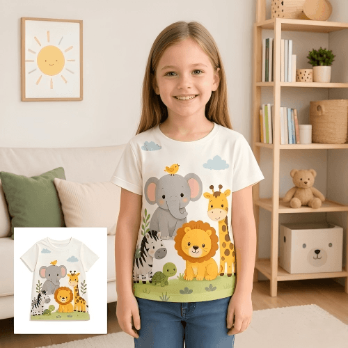 konvertiere ein bild von einem t-shirt mit tier in ein model bild mit einem kleinem mädchen