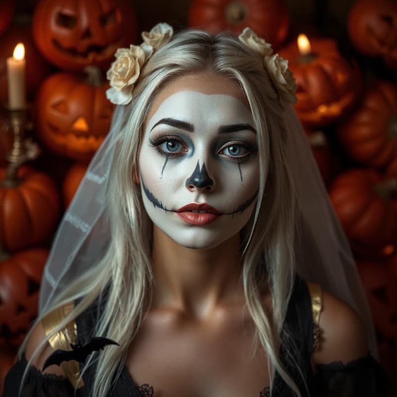 femme avec maquillage halloween et citrouilles