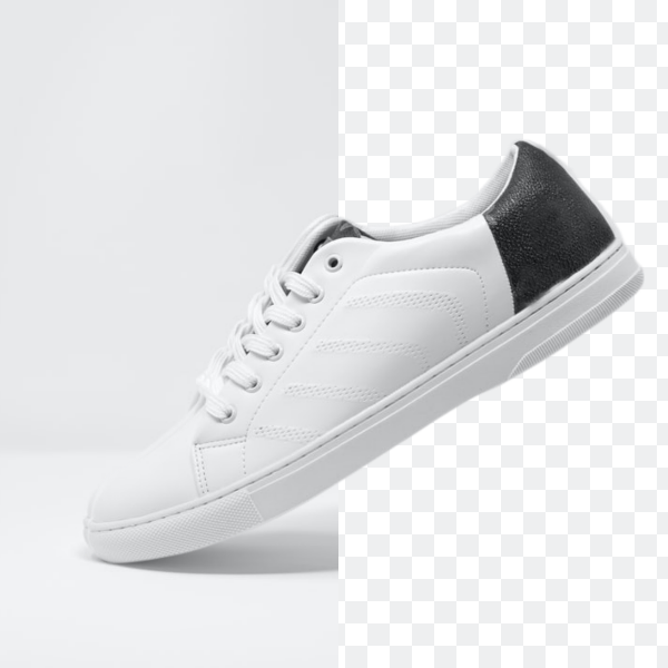 Efek sebelum dan sesudah menghilangkan latar belakang gambar produk sepatu berwarna putih