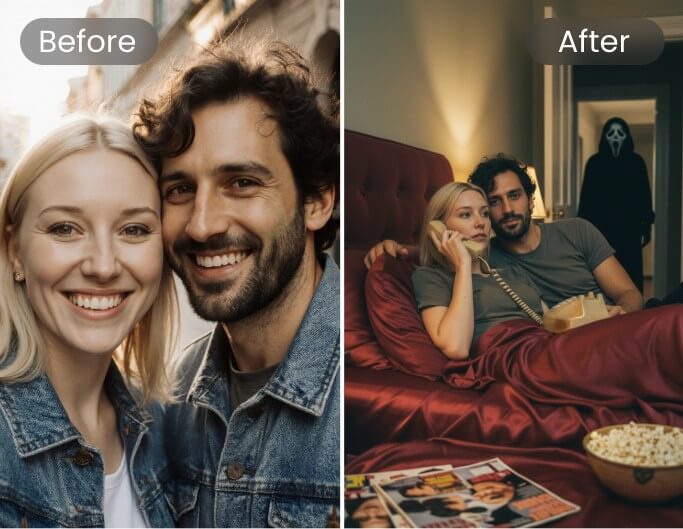 Utiliser une photo d'un couple pour générer une image IA avec le tueur Ghostface derrière eux