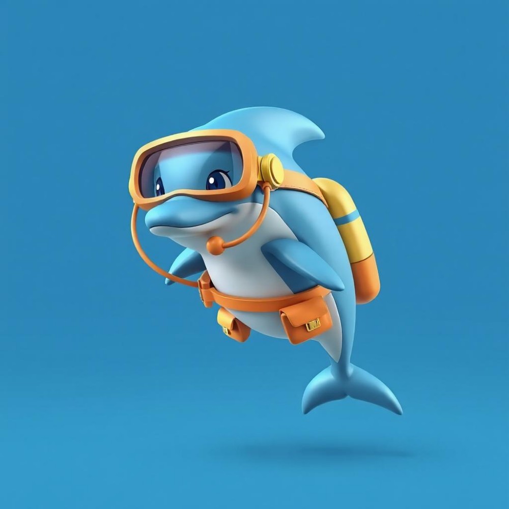 A 3D ocean explorer mascot a dolphin wearing scuba goggles and a tiny backpack with oceanic gadgets