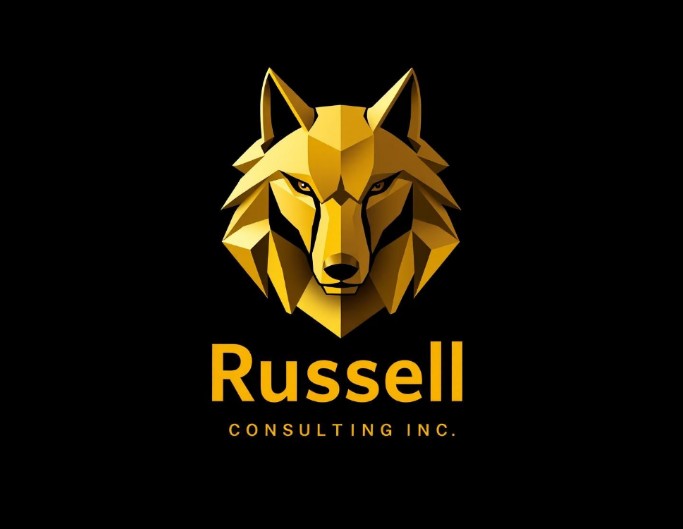 A brand logo pictured with a golden wolfdog below the brand name in gold lettering