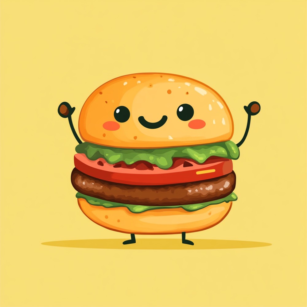 A hamburger mascot with yellow background