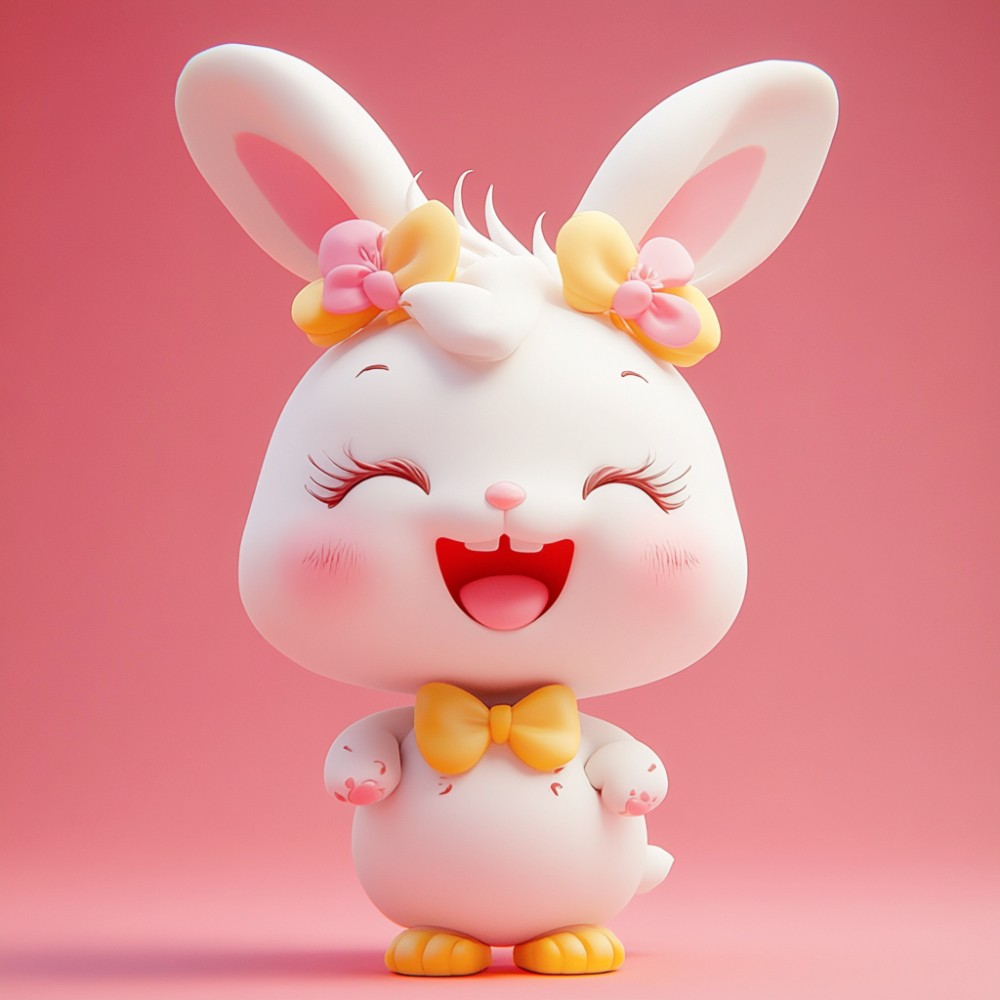 A smiling cartoon rabbit mascot with pink brackground