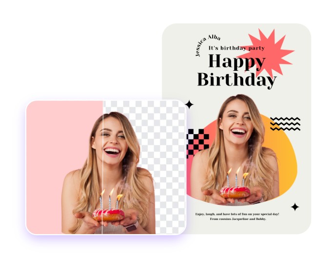 Suppression de l'arrière-plan par l'IA d'une affiche où une femme souriante tient un gâteau