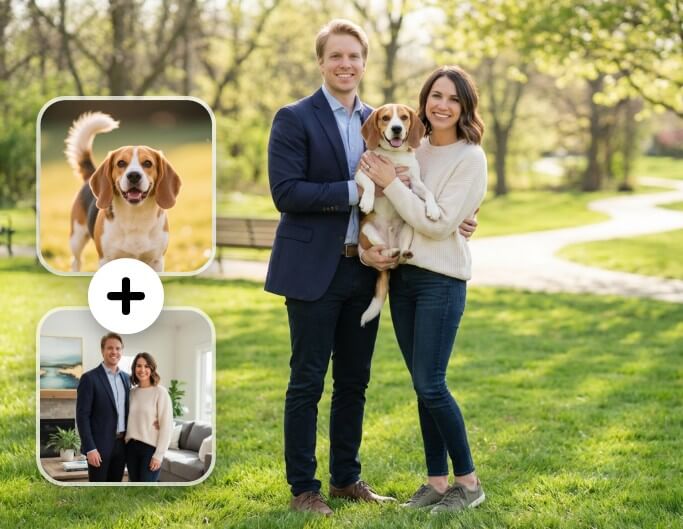 AI family photo with pet included in the group portrait