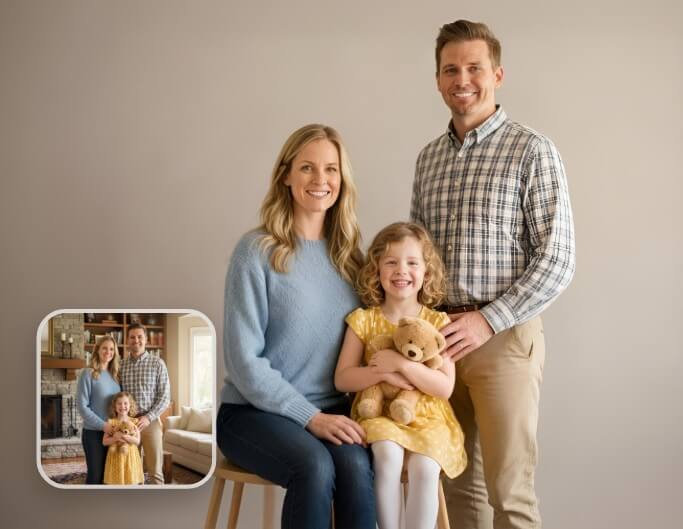 AI family picture with background changed from indoor to professional studio setting