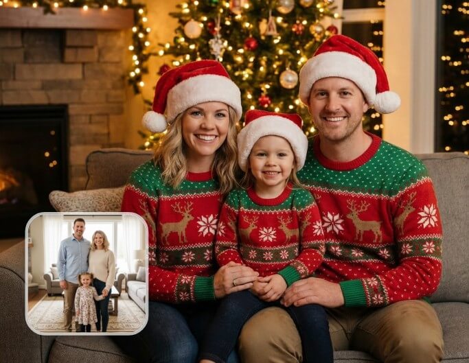 AI generated Christmas family portrait photo with everyone changed with Christmas sweaters and decorations