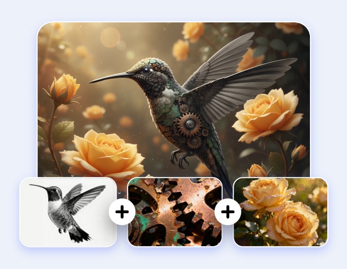 AI image combiner generated surrealism art featuring machine bird with flower