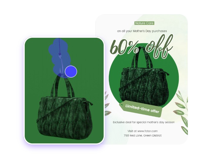 Suppression d'un crochet indésirable d'une affiche publicitaire d'un sac à main vert