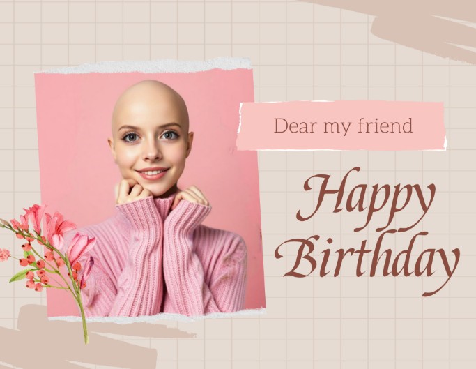 Add a bald girl image to a pink happy birthday greeting card