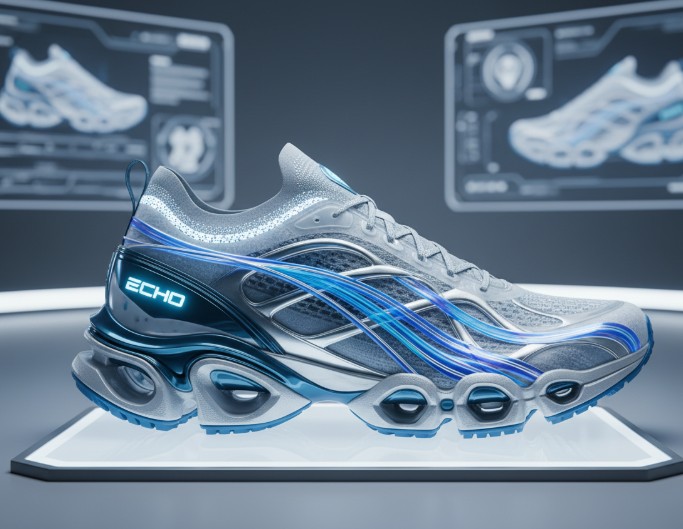 An image of a designer shoe in grey and blue colors