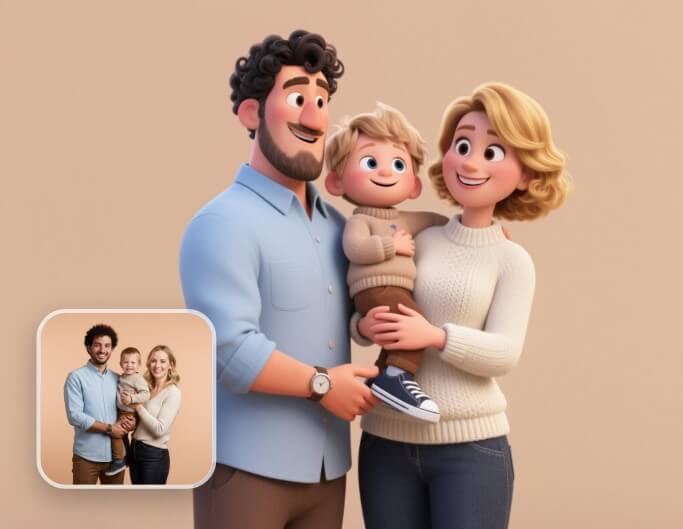 Cartoon style family photo generated by AI from real photos