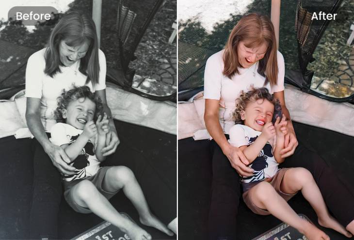 Colorize a black and white old photo with realistic colors using Fotor AI image restoration tool