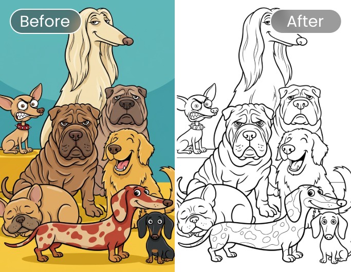 Design amusant pour transformer dessin en coloriage avec une illustration de plusieurs races de chiens