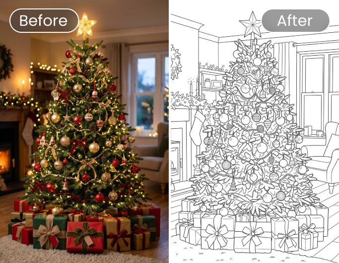 Exemple pour transformer une photo en coloriage gratuitement avec un sapin de Noël détaillé et des cadeaux