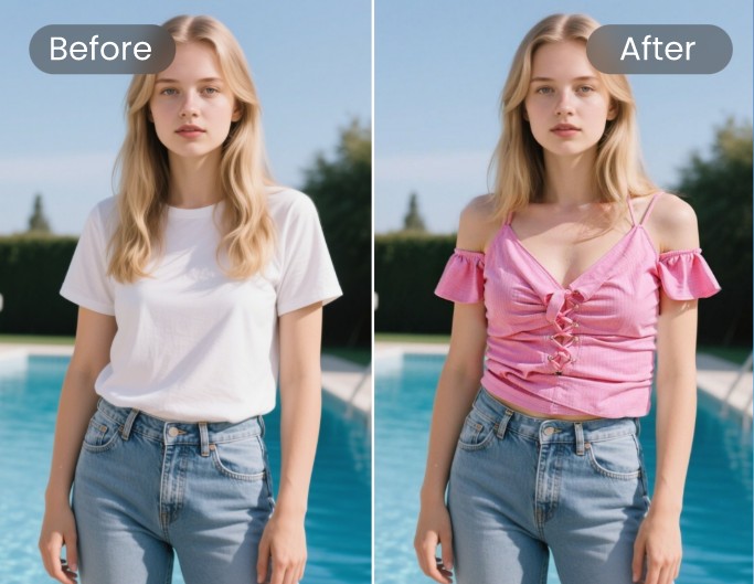 Fotor AI cambia la camiseta blanca de una mujer por un top rosa