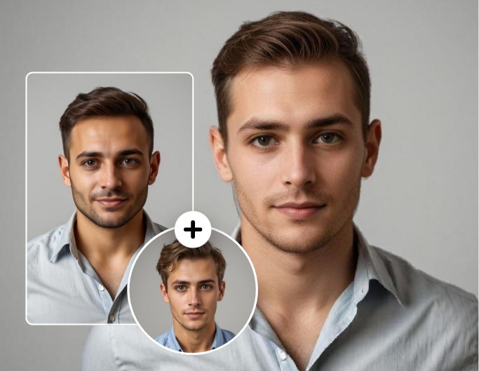 Efecto de intercambio de caras con IA de Fotor que combina el rostro de un hombre con el retrato de otro hombre