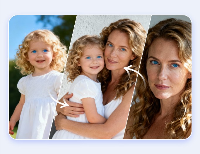Fotor AI image combiner effect featuring hugging younger self