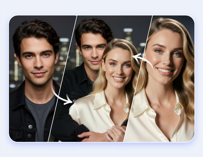 Fotor AI image merger for couple photos featuring a couple hugging