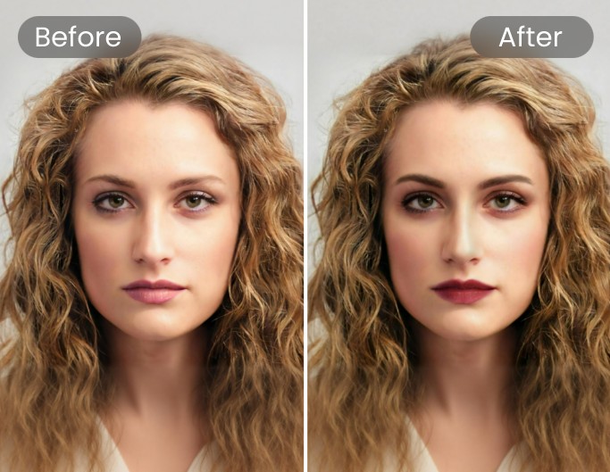 Fotor AI makeup tool effect featuring a blonde beauty
