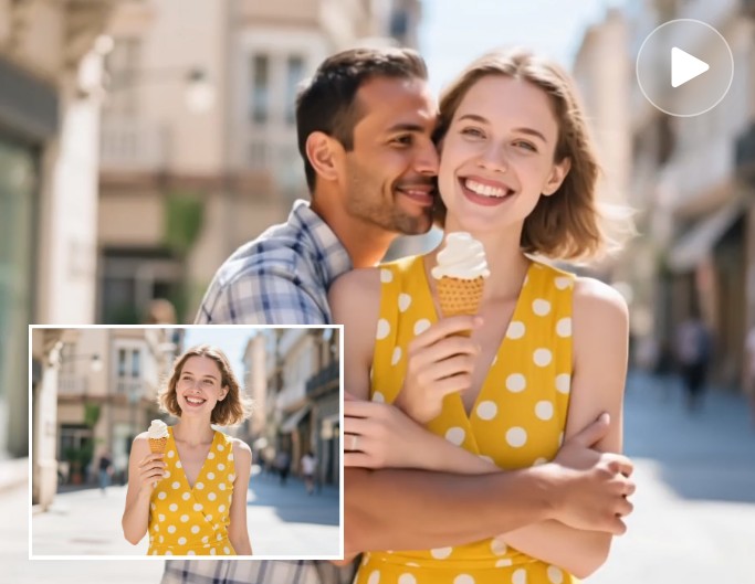 Creador de filtros de novio falso de Fotor, con un hombre virtual que camina hacia una mujer y la besa