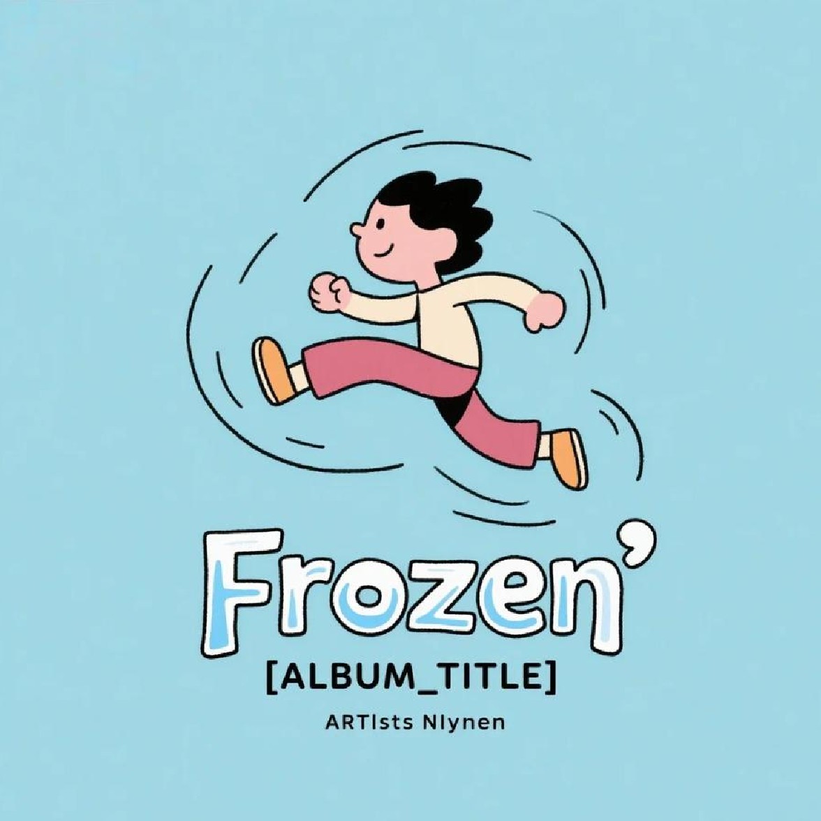 Frozen motion cartoon album cover featuring a simple character captured jumping mid action