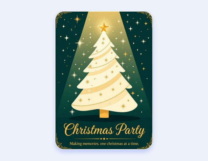 緑のクリスマスチラシに金のクリスマスツリーの絵