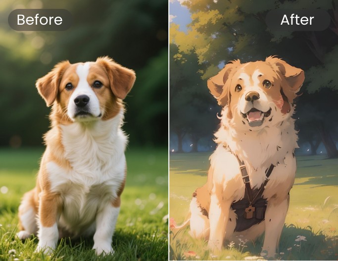 Japanese anime before and after comparison on a dog