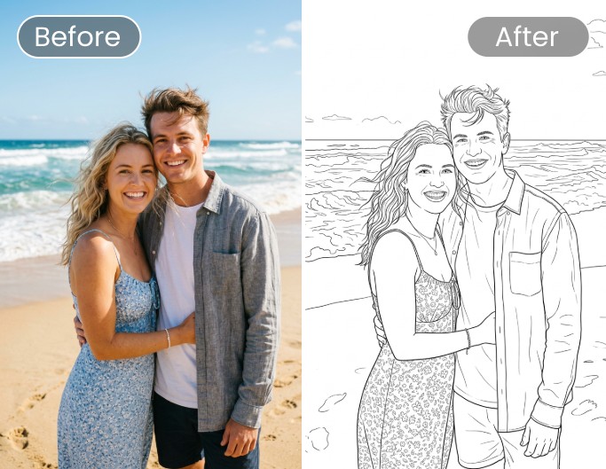 Outil intelligent pour transformer une image en coloriage personnalisé à partir dun portrait de couple à la plage
