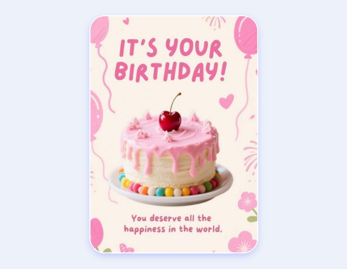 ピンクの誕生日のチラシに美味しそうなチェリーケーキが描かれている